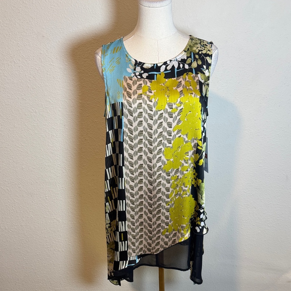 NWT IC Collection Colorful Floral Asymmetrical Sleeveless Blouse size Medium - Picture 2 of 16